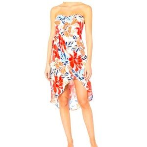 ASTR The Label Josefina Tropical Strapless Dress Red Blue Medium